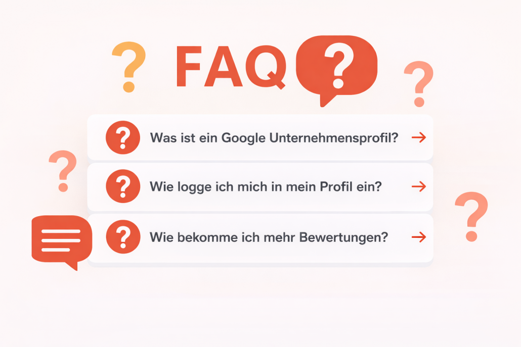 Das Bild zeigt eine Übersicht von Fragen, die im FAQ zum Google Unternehmensprofil beantwortet werden