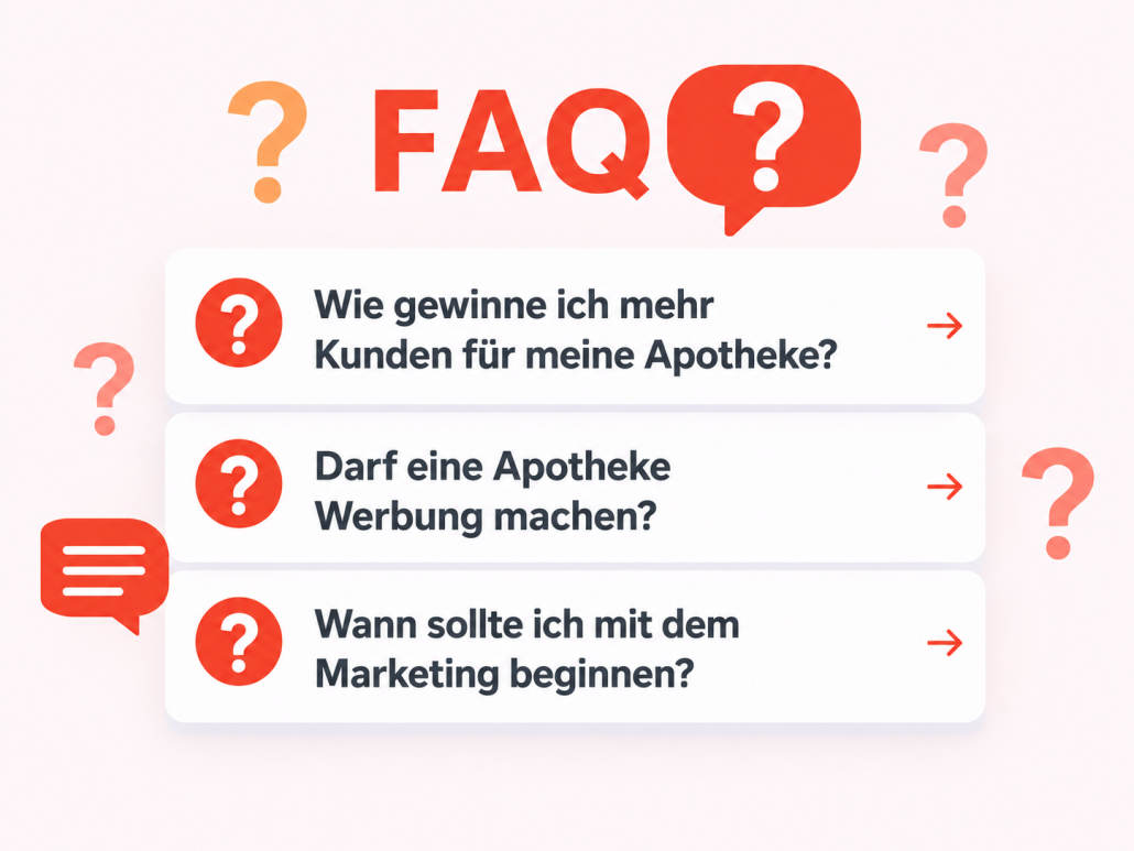FAQ Bild mit drei Fragen zum Thema Apothekenmarketing bei Neueröffnung oder Übernahme