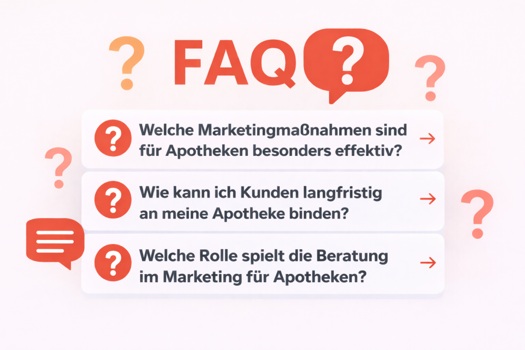 FAQ-Grafik zum Apothekenmarketing mit Fragen zu effektiven Marketingmaßnahmen, langfristiger Kundenbindung und der Bedeutung der Beratung in Apotheken
